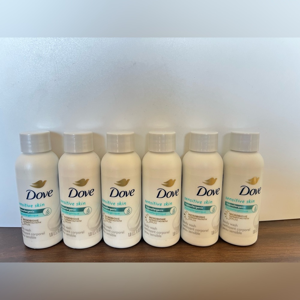 6 Travel size Bottles of Dove Sensitive Skin Body Wash 1.8oz Travel Overnights